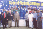 Special Olympics National Games 2002, New Delhi, Boccee Team  event, Medals presentation. Mr G. Om Kumar of LEKHADEEP [Gold Medal] is on the podium in the middle, click here to see large picture.